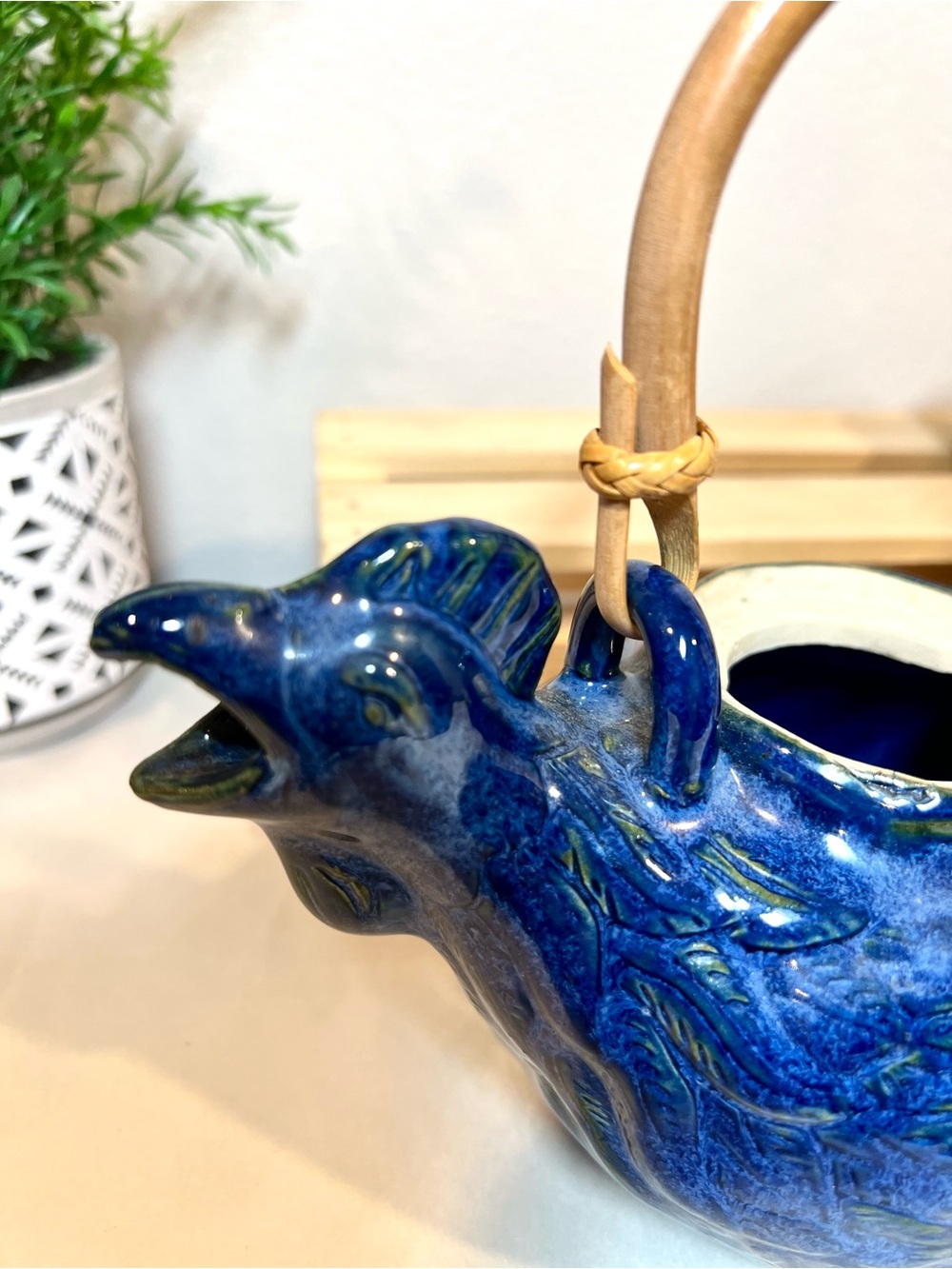 Ceramic Chicken Form Teapot | Cobalt Blue Ceramic w Bamboo Handle | Indonesia - Picture 6 of 11